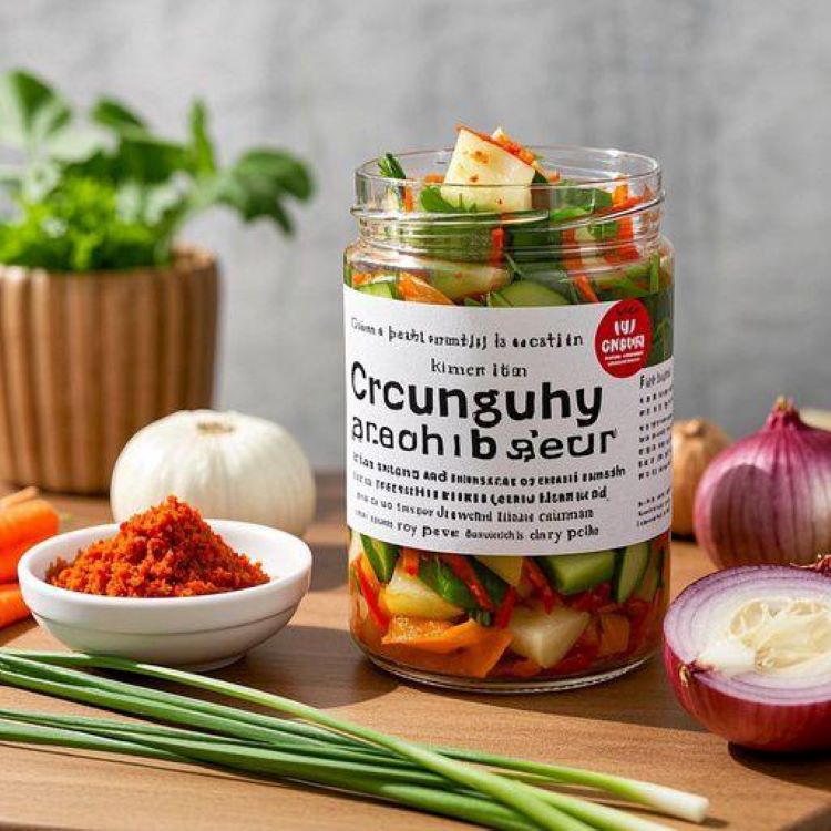 주방 테이블 위에 아삭한 오이소박이가 담긴 유리 그릇, 옆에 신선한 오이와 부추, 고춧가루가 놓여 있는 장면. 밝고 따뜻한 자연광, 한국 전통 반찬의 정감 있는 분위기, 선명한 색감과 깔끔한 구도