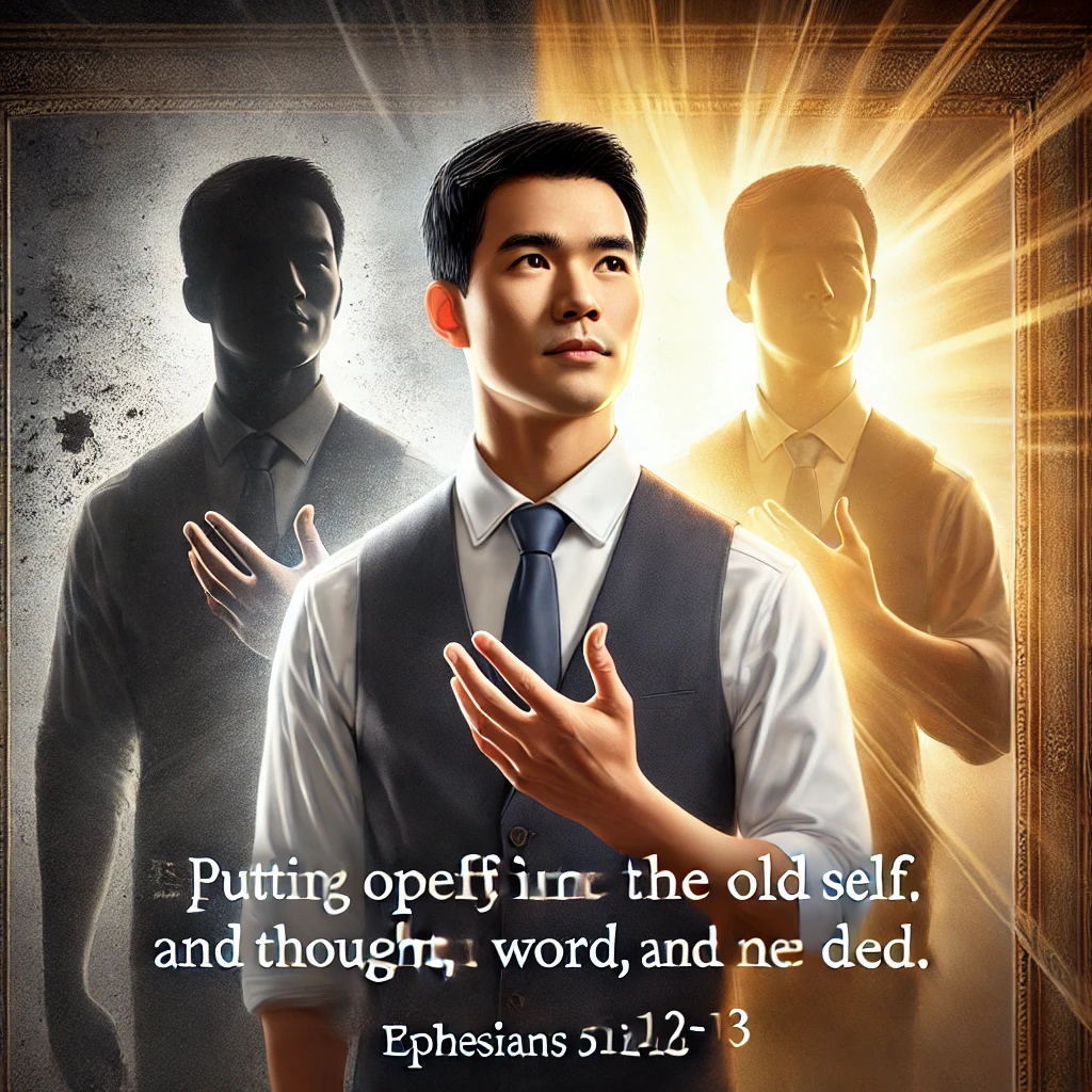 Here is the depiction of a man inspired by Ephesians 5:12-13, walking in the light of Christ and sharing the gospel with others. The contrast between light and shadow reflects the transformation of putting off the old self and embracing the new, as he speaks the truth of Christ to those he meets.