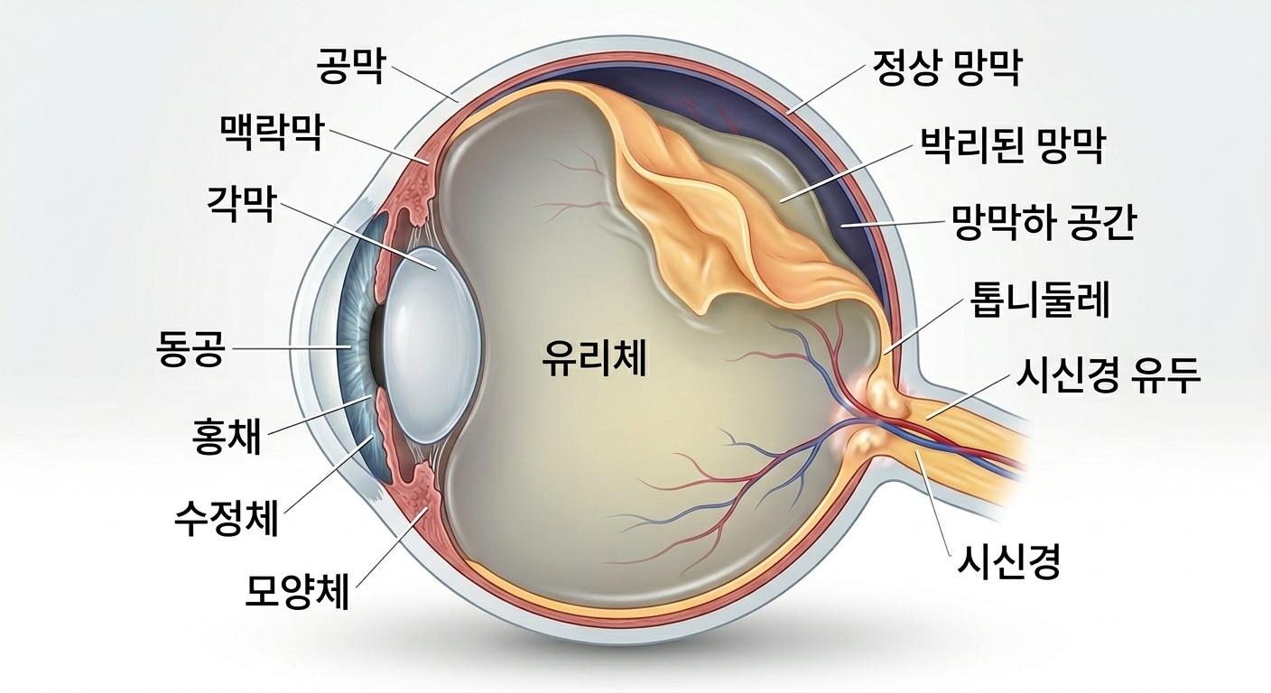 망막박리 구조와 명칭을 설명하는 한글 의학 일러스트: 정상 망막, 박리된 망막, 망막하 공간, 유리체, 시신경 등 안구 내부 구조