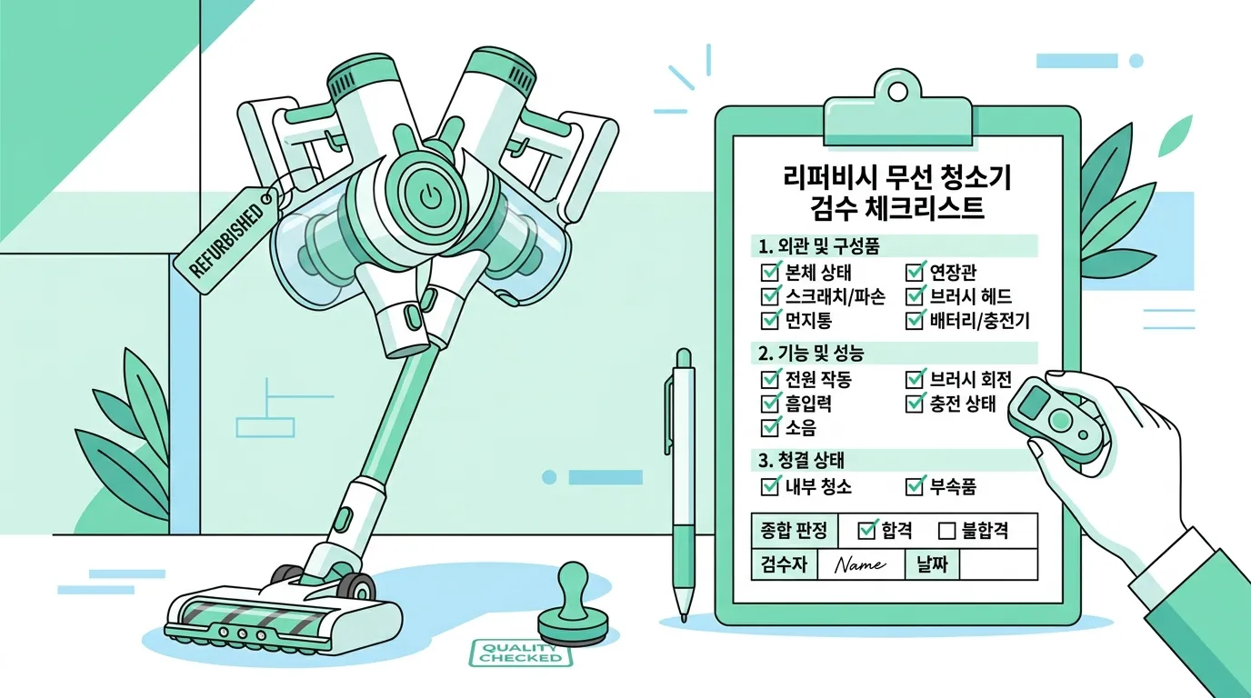 리퍼브 무선 청소기 구매 전 점검 항목 체크리스트가 적힌 클립보드