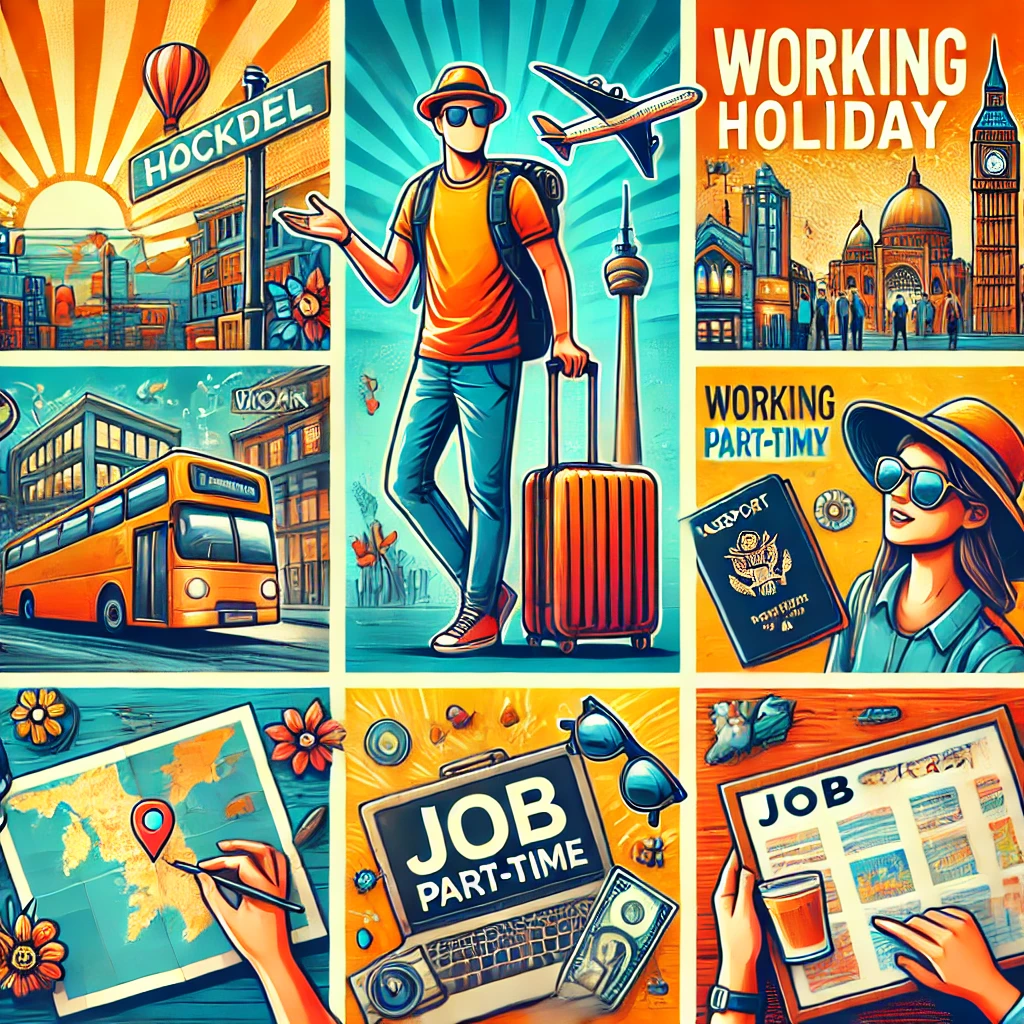 워킹홀리데이, 워킹홀리데이를 떠난 젊은 여행자가 호스텔에 체크인하고 카페에서 파트타임 근무를 하며 여행을 즐기는 장면을 담은 이미지