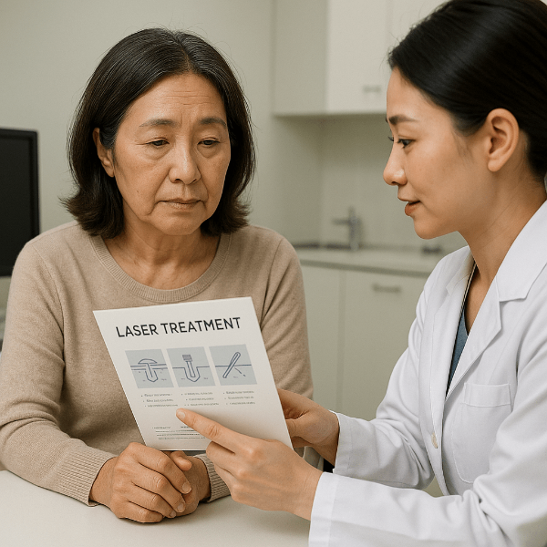 피부과에서 상담을 받고있는 여성