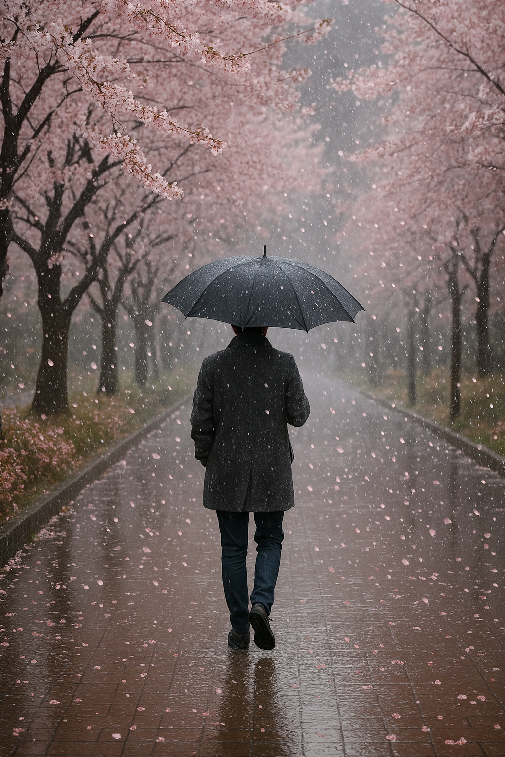 벚꽃이 활짝핀 거리를 우산을 쓰고 걸어 가고 있는 남성