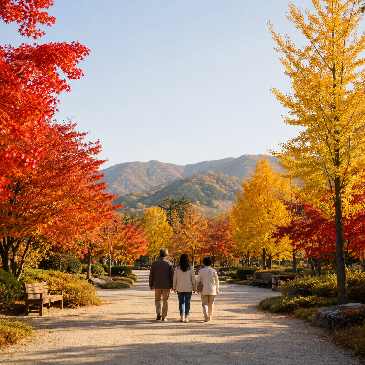 부모님과 평탄한 단풍 산책길을 걷는 국내 가을 여행 풍경