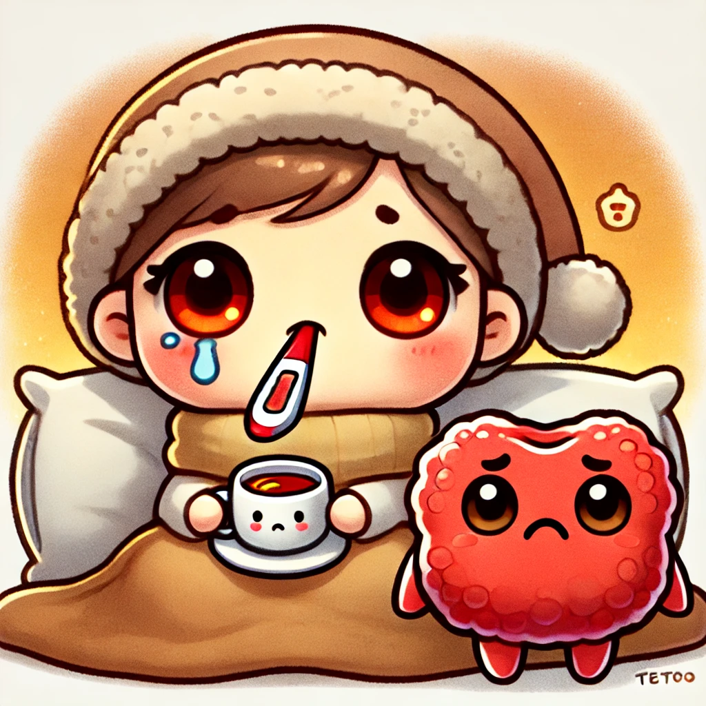 남자 아이와 편도 캐릭터가 아파서 찡그리는 모습의 일러스트