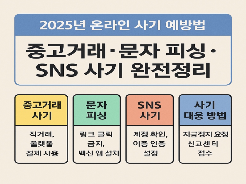 중고거래, 문자 피싱, SNS 사기를 예방하기 위한 2025년 온라인 사기 대응 요령을 정리한 한국어 정보 그래픽