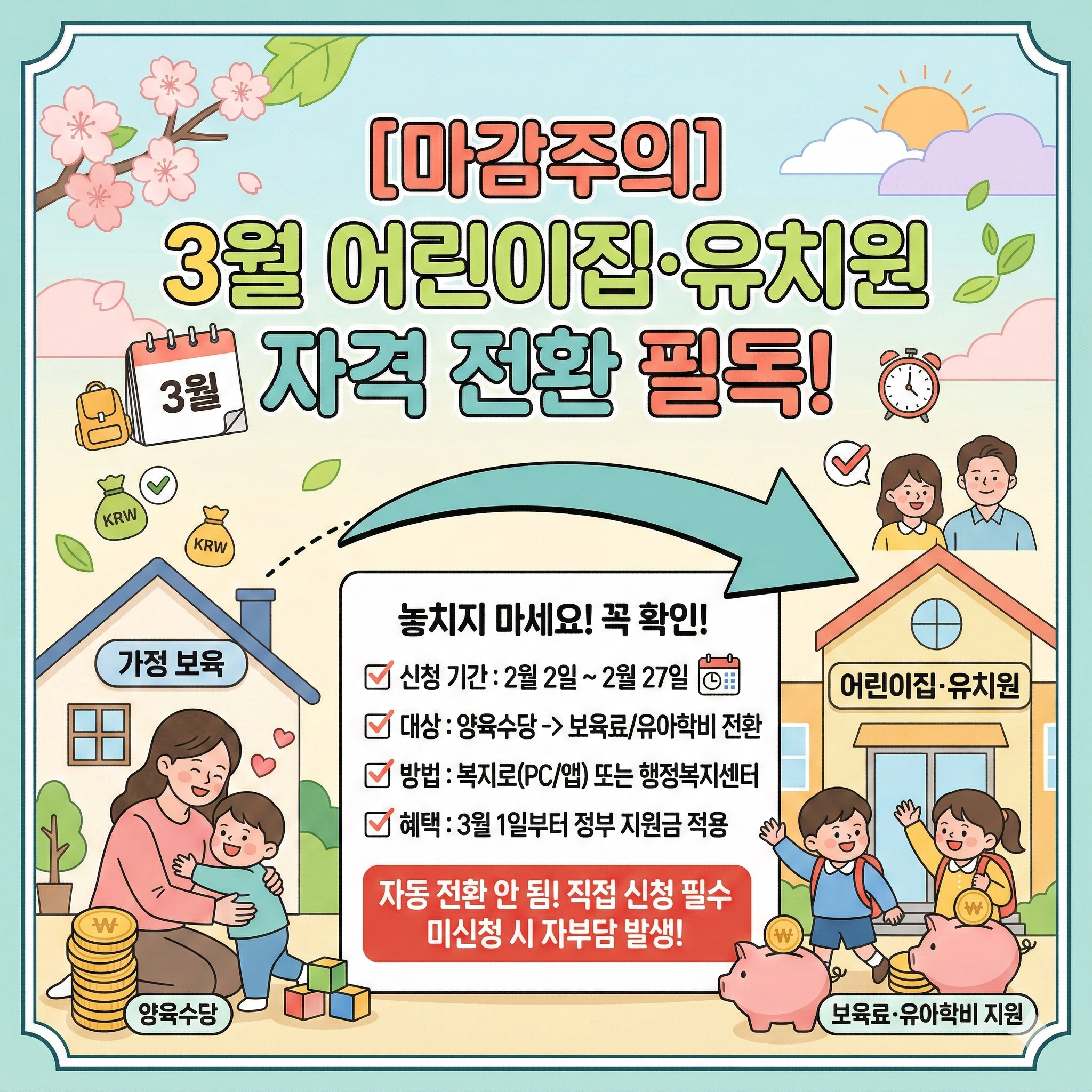 3월 새 학기 양육수당 보육료 유아학비 사전 신청 기간 및 전환 방법 총정리
