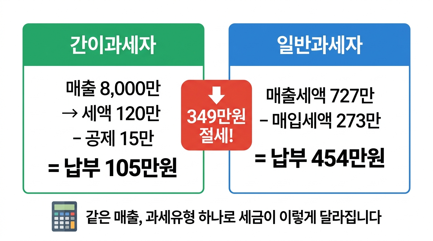간이과세자 일반과세자 세금 계산 비교 연매출 8000만원 음식점 예시