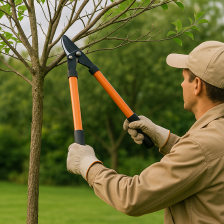 조경 작업 중인 정원사가 낙엽수를 전정 가위로 가지치기하고 있는 모습. 배경에는 깔끔하게 정돈된 정원과 나무들이 있으며, 정원사는 작업복과 장갑을 착용하고 있고 수목의 생장 방향을 고려해 가지를 세심하게 다듬고 있다.