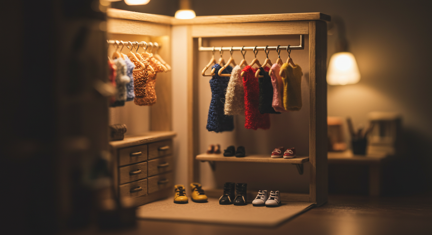 책상 위 미니어처 옷걸이와 작은 상의&middot;하의&middot;신발 소품으로 구성된 틸트쉬프트 느낌의 대표 이미지