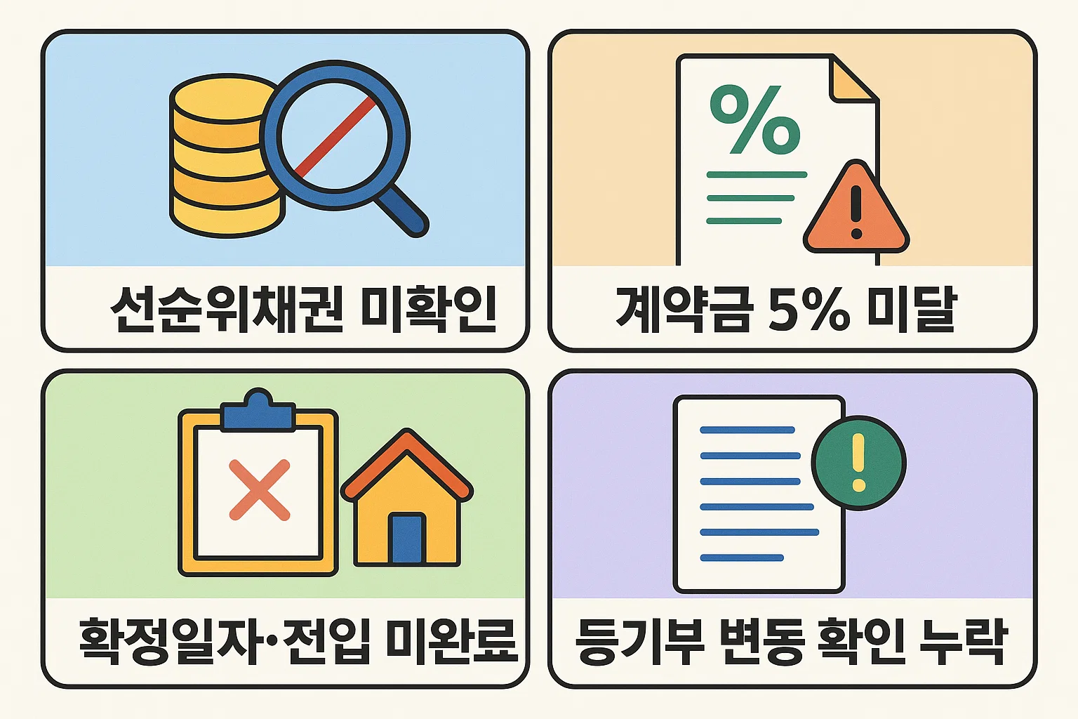 허그 전세보증보험 가입 과정에서 자주 발생하는 선순위채권 미확인, 계약금 5% 미달, 확정일자·전입 미완료, 등기부 변동 확인 누락 등의 주요 실수와 주의사항을 정리한 인포그래픽 이미지