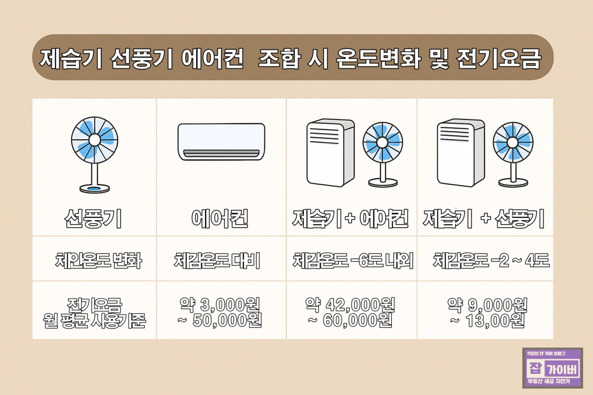 선풍기 에어컨 제습기 조합 전기세 및 온도변화 폭염대비