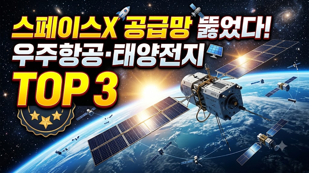 우주 공간을 배경으로 펼쳐진 저궤도 위성과 태양전지 판넬 이미지. "스페이스X 공급망 뚫었다! 우주항공&middot;태양전지 TOP 3" 문구가 들어간 썸네일.