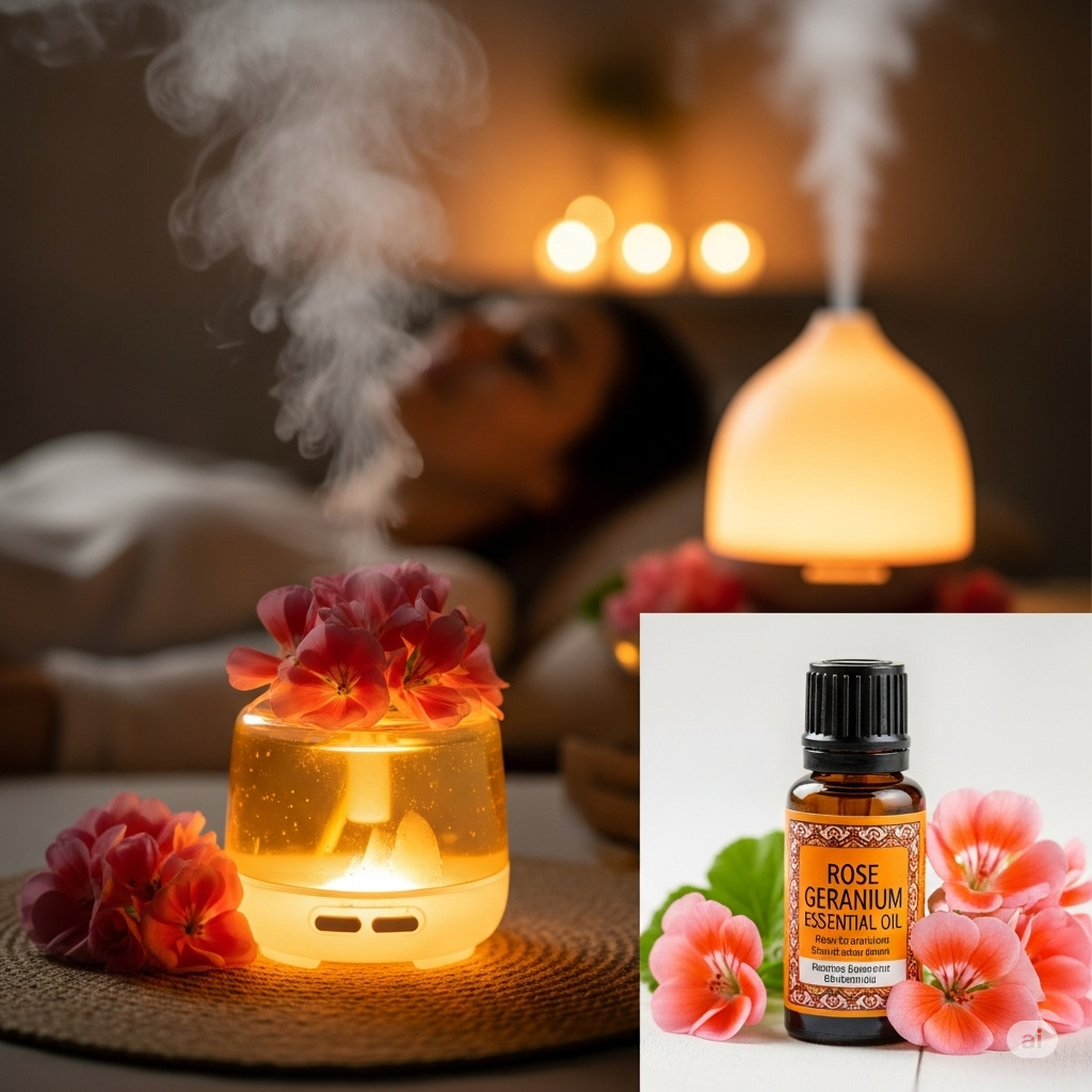 장미 제라늄 에센셜 오일을 디퓨저로 사용하는 모습, 편안한 분위기를 연출하는 이미지