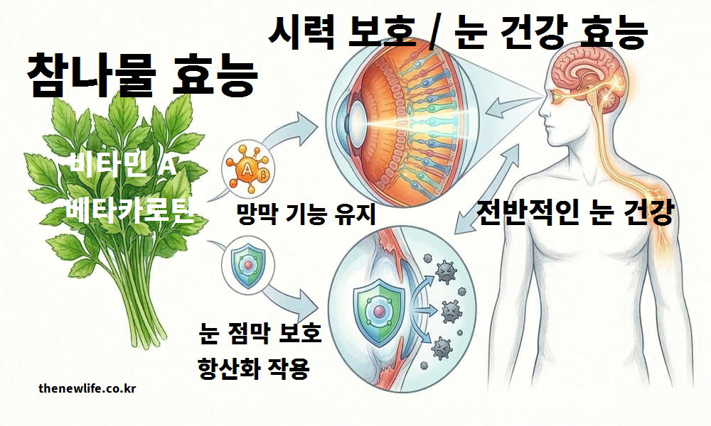 참나물 효능이 시력 보호와 눈 건강 유지에 도움을 주는 원리를 설명하는 이미지