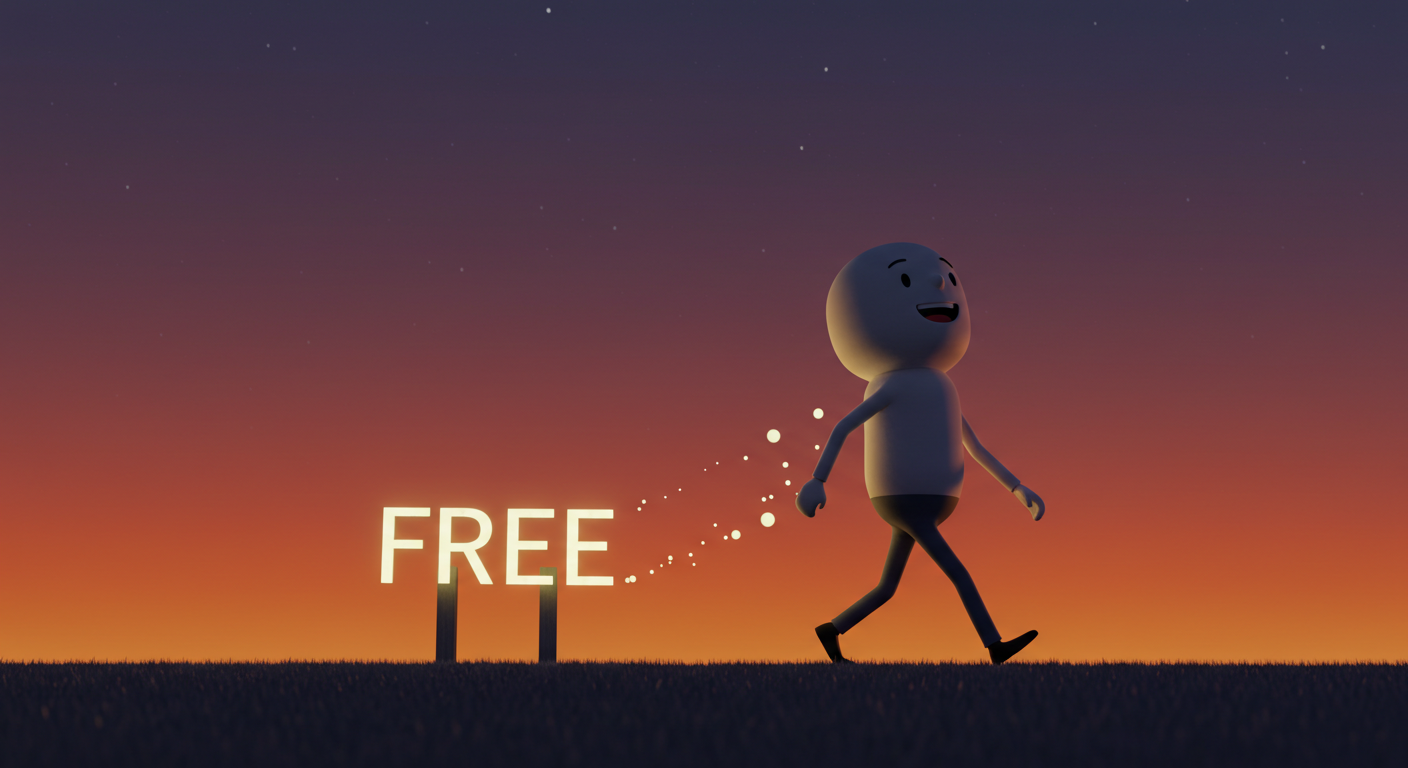 공짜 간판을 뒤로하고 현명하게 돌아서는 소비자 캐릭터