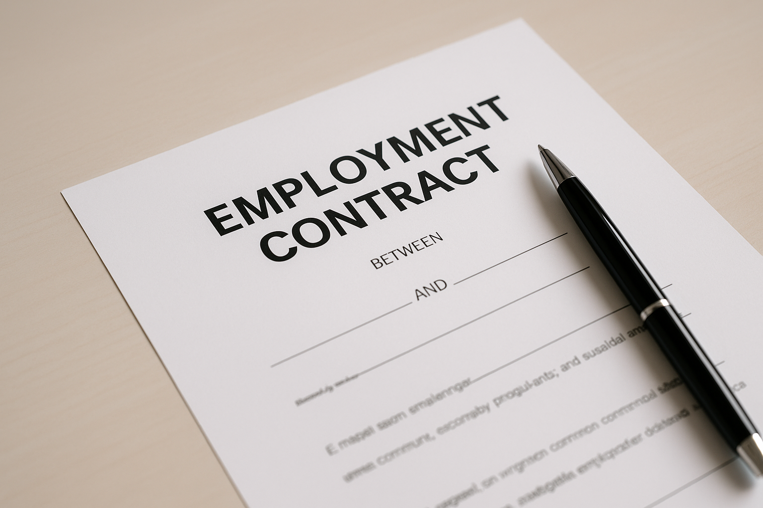 employment contract document with pen on desk no people