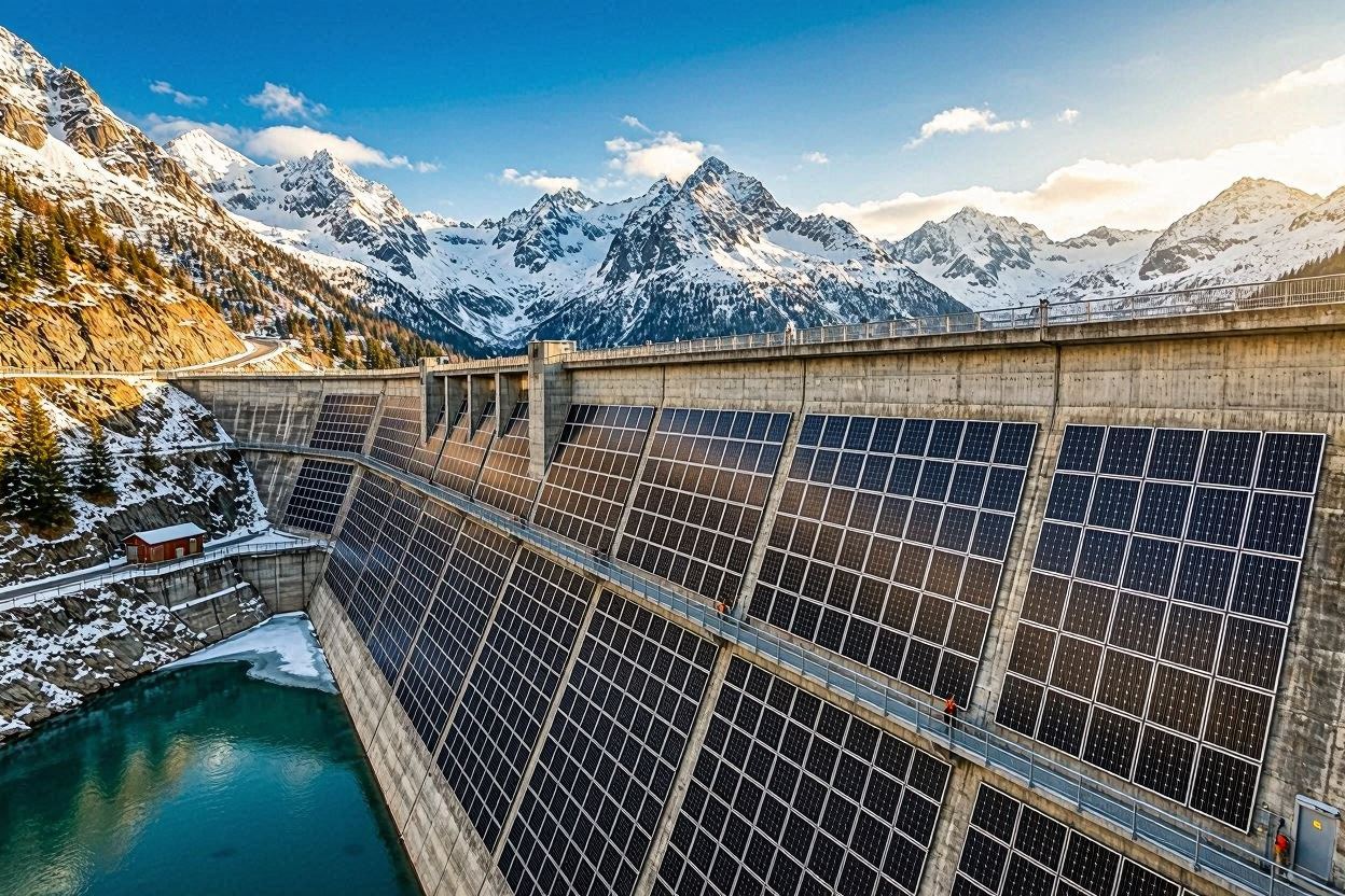 Alpine solar power plant at Muttsee dam in Switzerland.