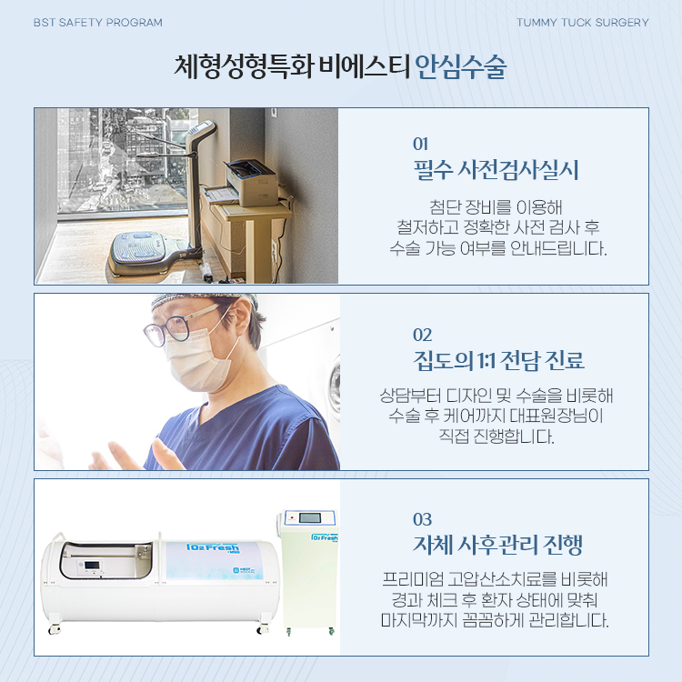 체형성형특화 비에스티 안심수술
1. 필수 사전검사 실시
2. 수술 집도의 1:1 전담 진료
3. 자체 사후관리 프로그램 진행