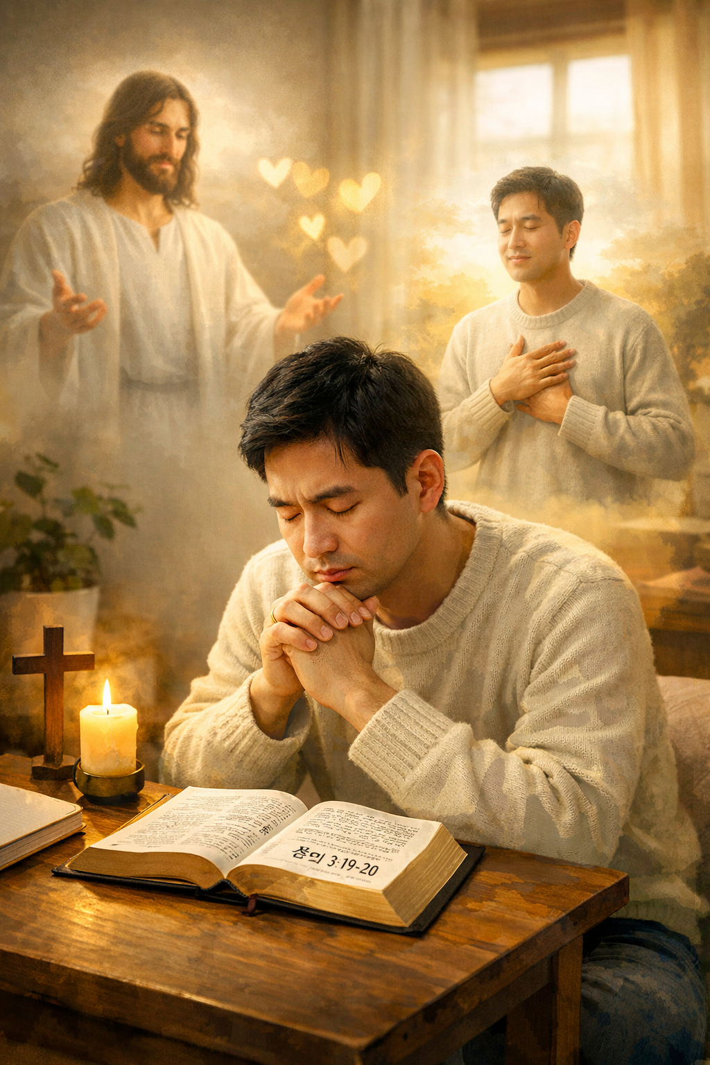 롬 3:19-20 말씀을 보며&amp;#44; 하나님의 명령과 규례를 지키는 것만으로 하나님께로부터 옳게 여김을 받을 수 없으며&amp;#44; 그러므로 진실로 하나님을 사랑하는 마음을 가지고 그 안에서 살아가려는 마음을 가지고 자신의 행동이 아니라 마음 중심으로 하나님을 사랑하는 것과 관련하여 묵상하며 기도하는 시간을 갖는 모습입니다.