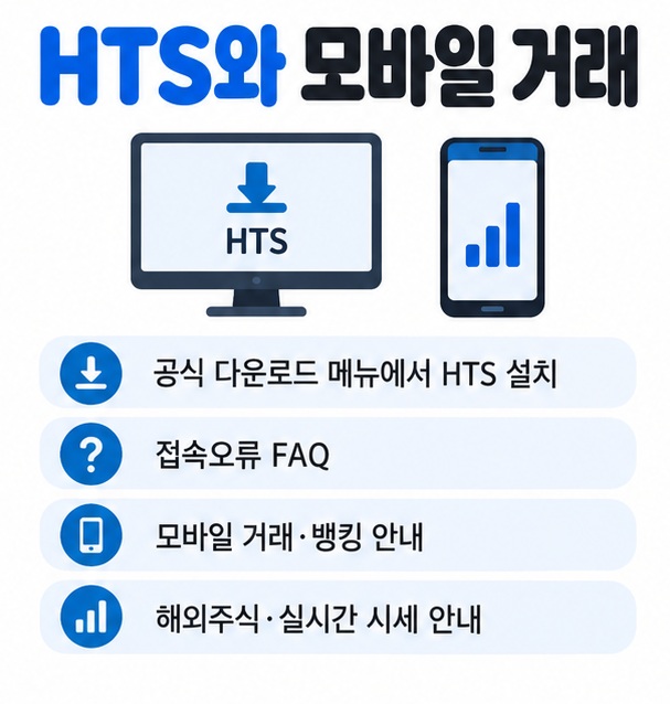 HTS 다운로드 접속오류 모바일 거래 해외주식 등 트레이딩 관련 메뉴를 찾는 방법을 보여주는 이미지