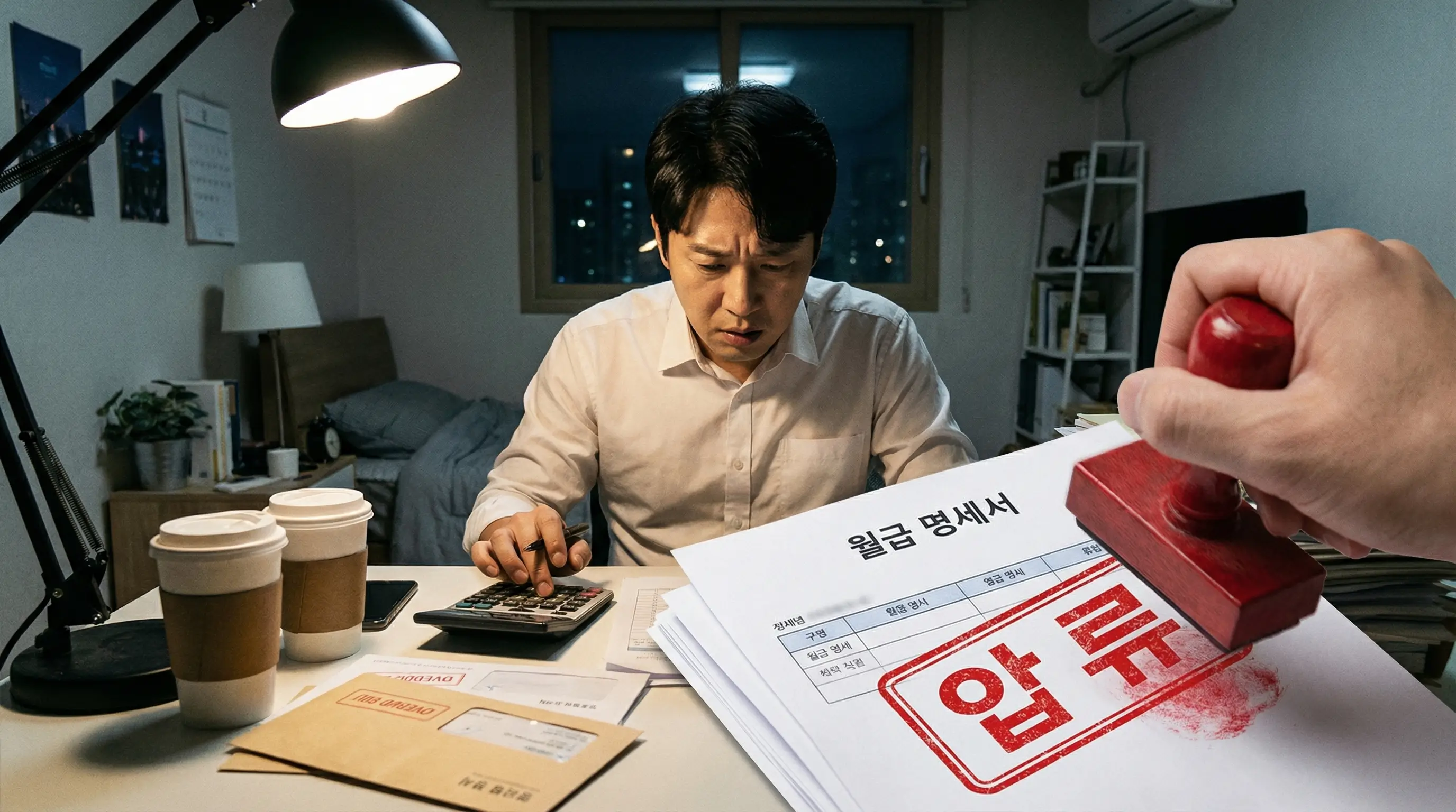 월급 명세서 위로 빨간색 압류 도장이 찍히는 것을 걱정하며 계산기를 두드리는 직장인의 모습