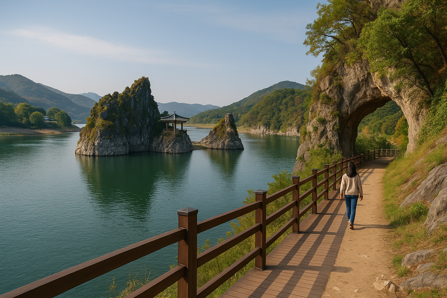 도담삼봉 석문 산책로 걷고있는 중년 여성사진