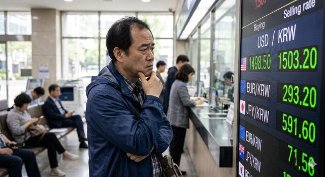 환율 1500원 상황에서 달러 투자 고민하는 투자자 모습
