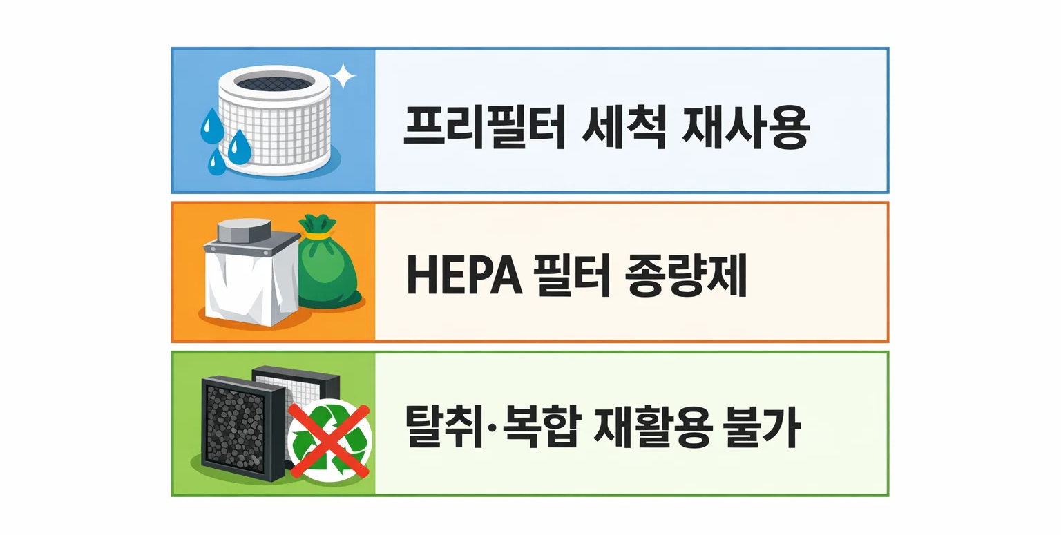 공기청정기 프리필터 HEPA 필터 탈취필터별 분리수거 가능 여부와 재사용 재활용 불가 기준을 비교 정리한 유형별 설명 이미지