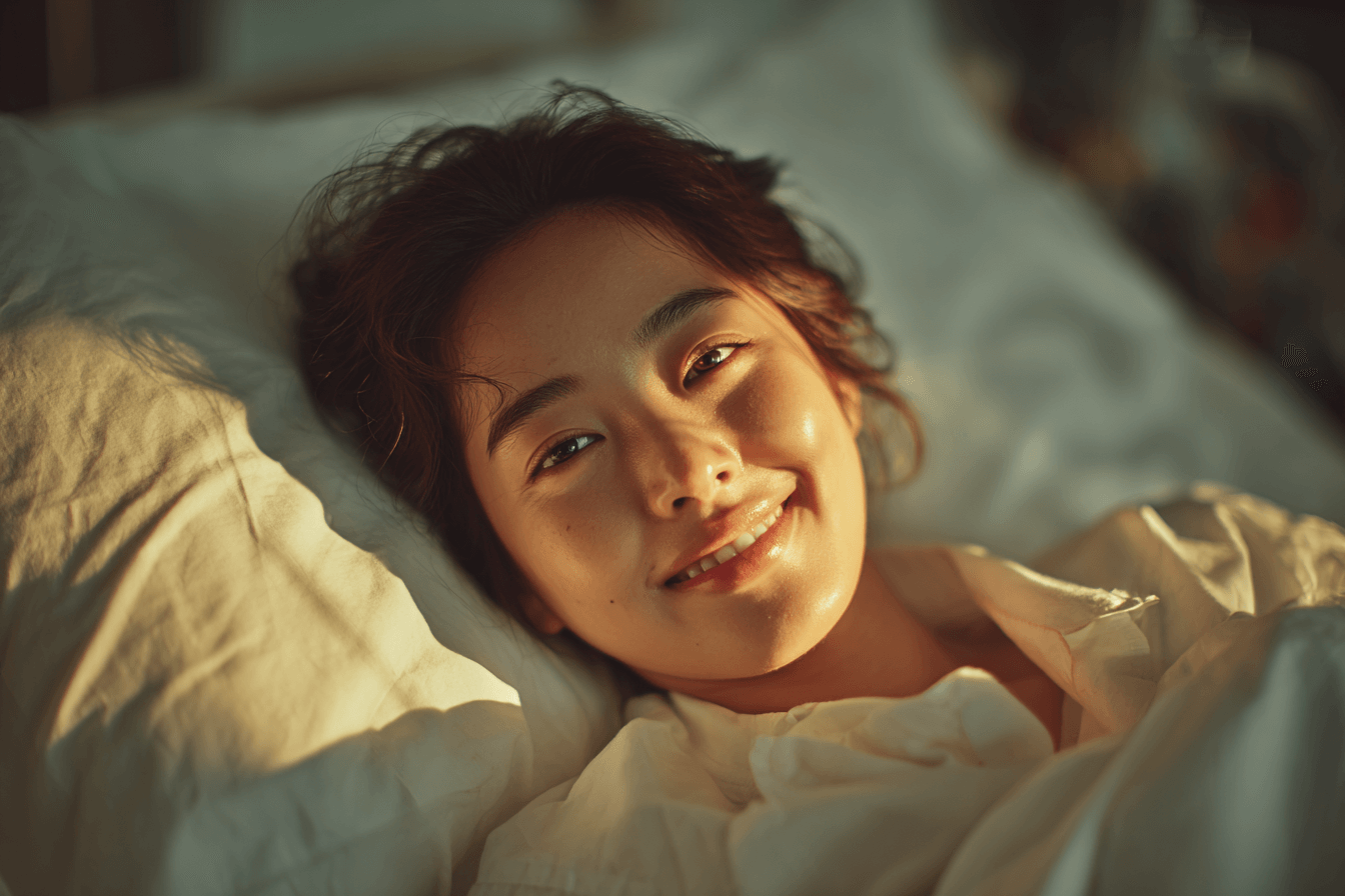 쇠약한-모습으로-누워서-웃고-있는-여성-이미지