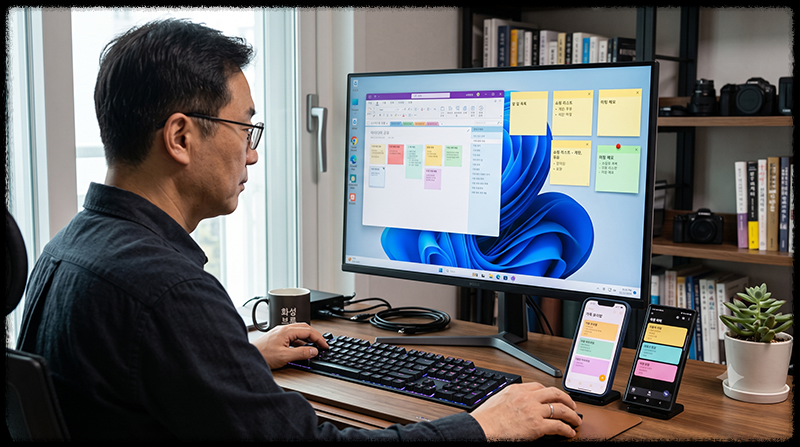아이폰과 갤럭시의 메모를 Windows PC에서 확인하는 모습