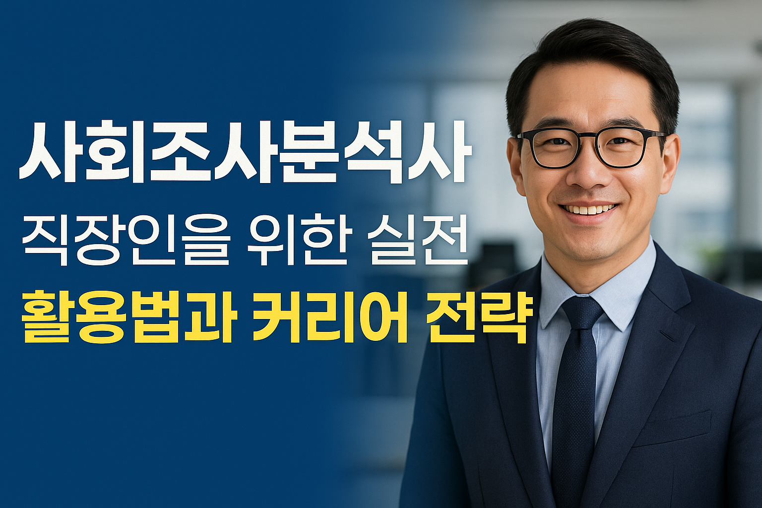 정장을 입은 직장인이 웃고 있으며, 사회조사분석사 실전 활용 전략이라는 문구가 보입니다