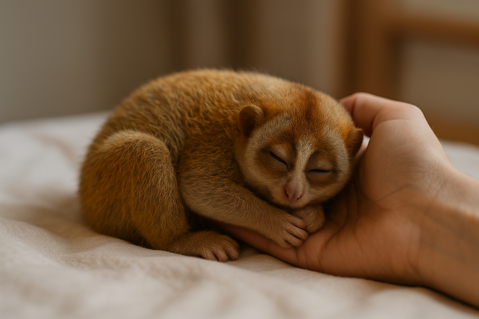 이불 위에서 사람 손에 기대어 최고의 수면을 취하는 슬로로리스