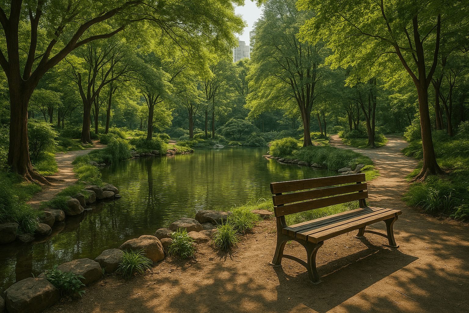 서울 도심 속 조용하고 아름다운 공원 풍경, 관광객 없는 고요한 분위기