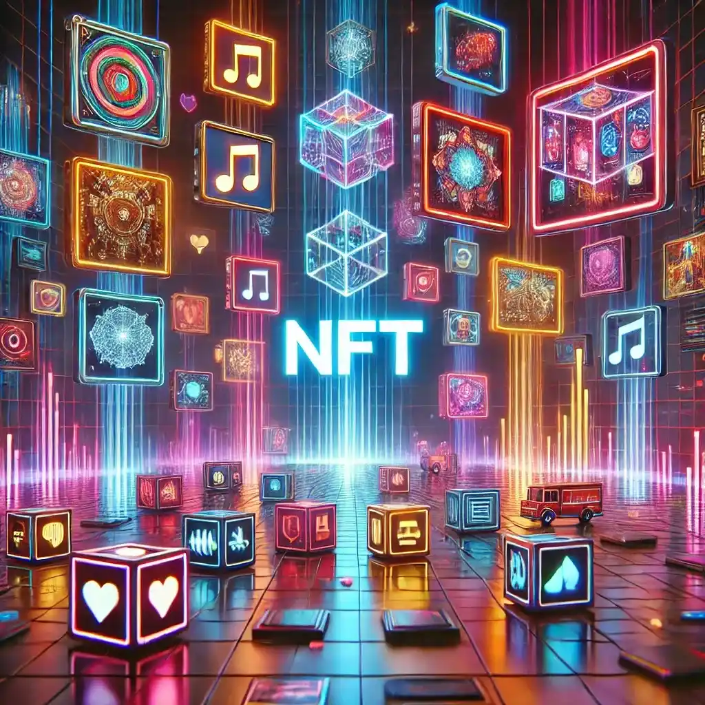Illustration of NFTs in a futuristic digital gallery, featuring diverse floating art frames representing various NFT types.