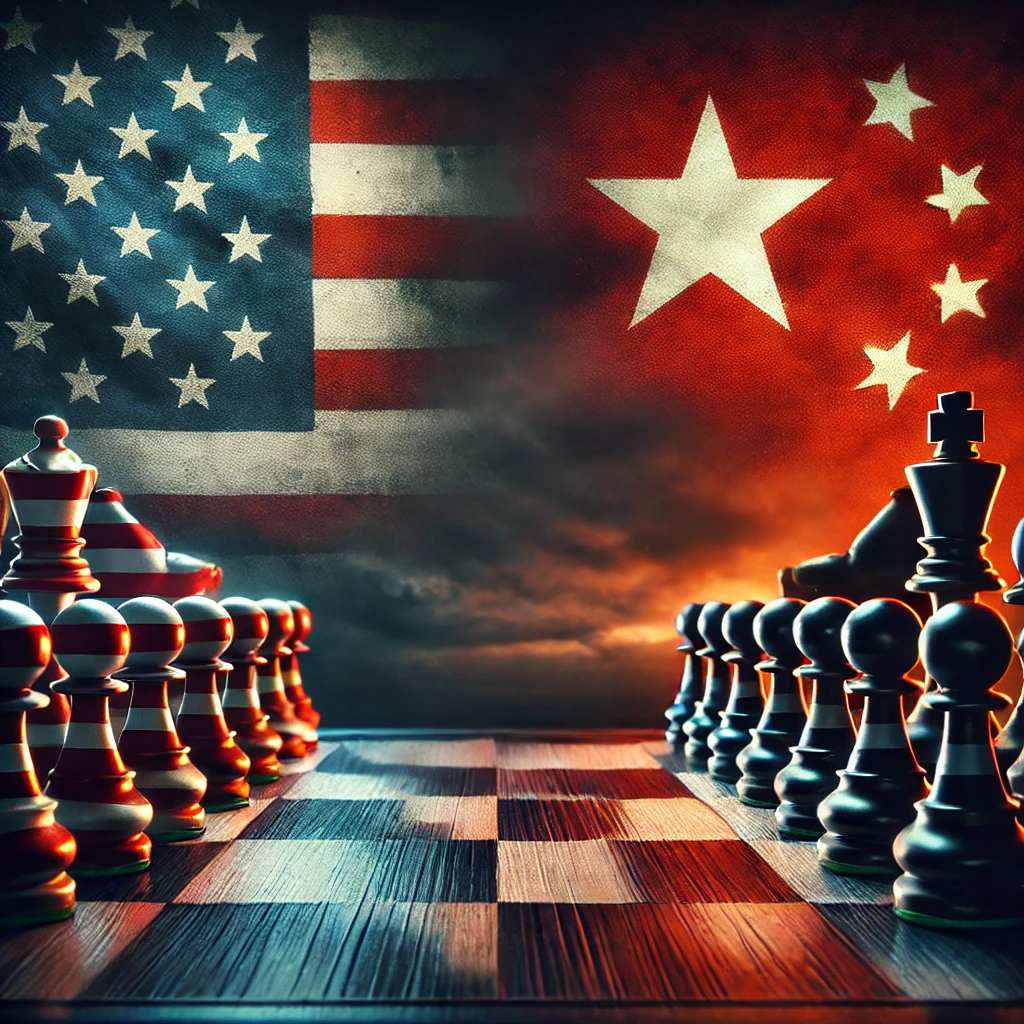 미국과 중국 국기가 서로 대립하는 모습의 사진