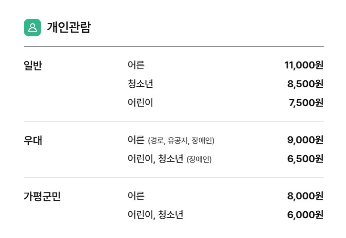 아침고요수목원 이용요금 안내표