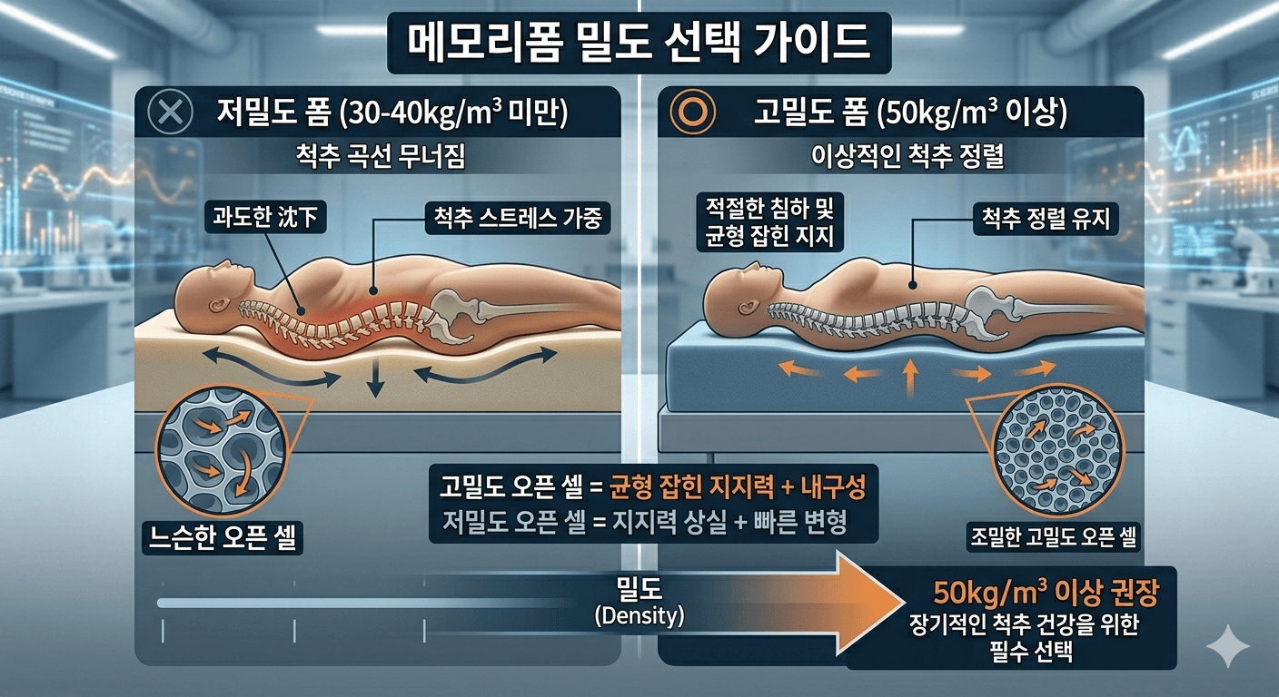 밀도가 낮은 폼(허리가 꺾임) vs 고밀도 폼