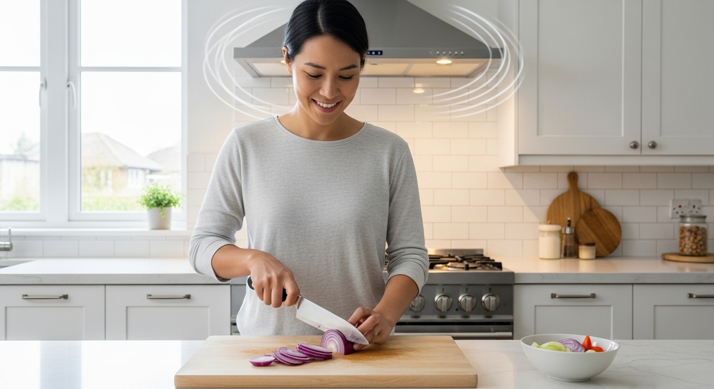 후드 팬 아래에서 날카로운 칼로 양파를 즐겁게 썰고 있는 사람