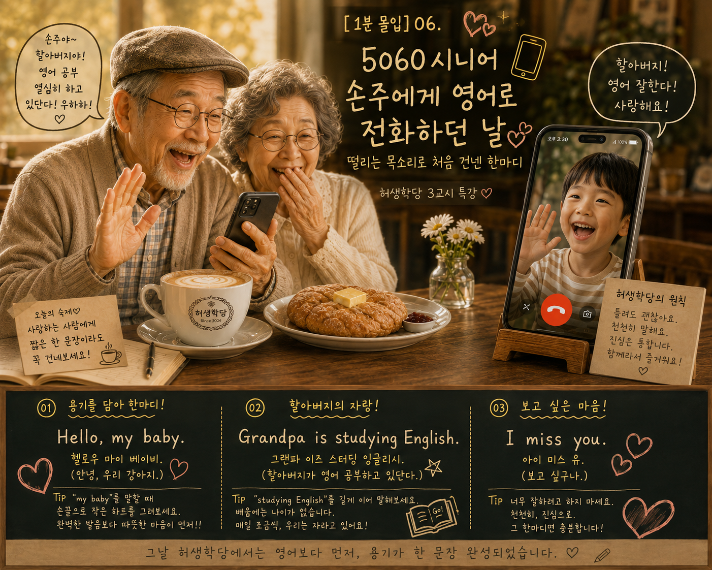 손주와 영상통화를 하며 영어로 처음 마음을 전하는 5060 시니어 부부의 따뜻한 허생학당 감성 이미지