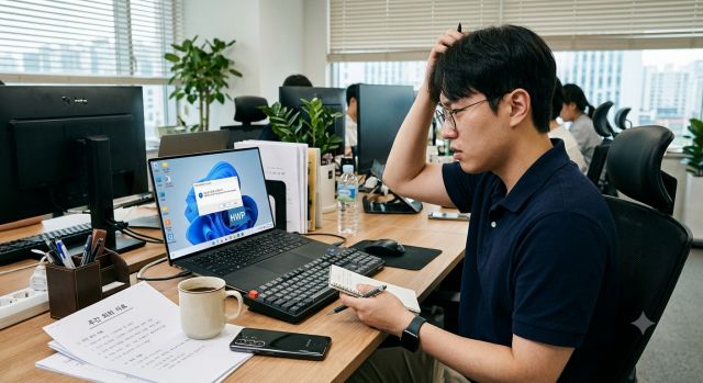 노트북에서 열리지 않는 HWP 한글 파일을 확인하는 모습