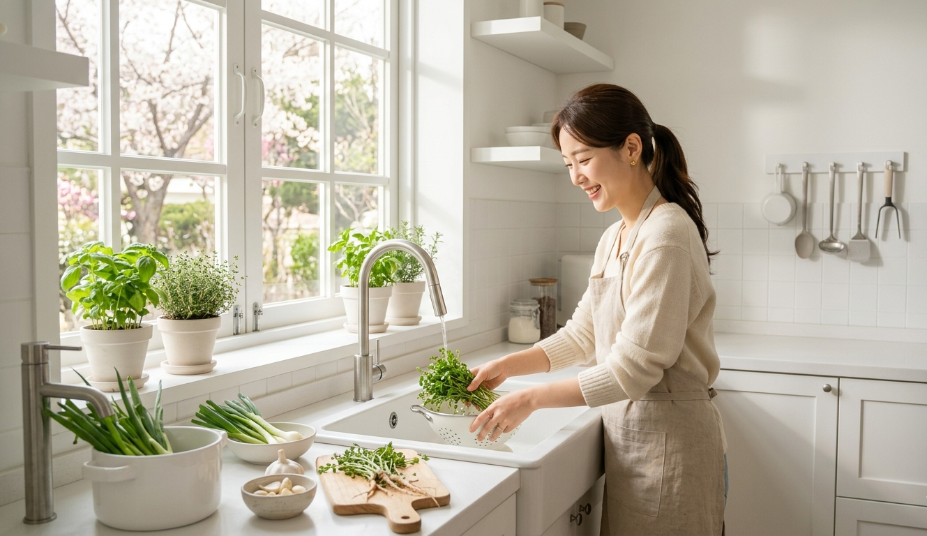 주방에서 냉이를 깨끗이 씻으며 손질하는 모습, 봄나물 요리 준비 과정
