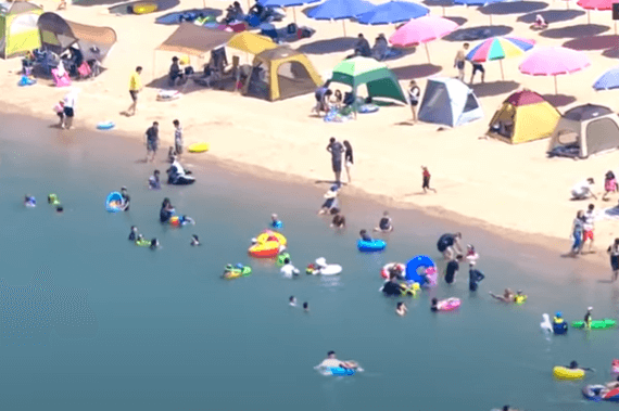 동해안 해수욕장을 높은 곳에서 찍은 사진