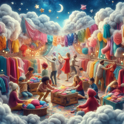 다양한 색의 옷들이 구름 위에 놓여있는 모습을 담은 꿈같은 풍경.