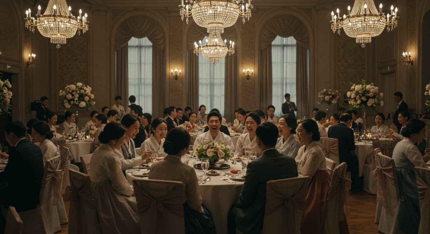 하객들이 웨딩홀에서 식사를 즐기며 대화하는 모습 2