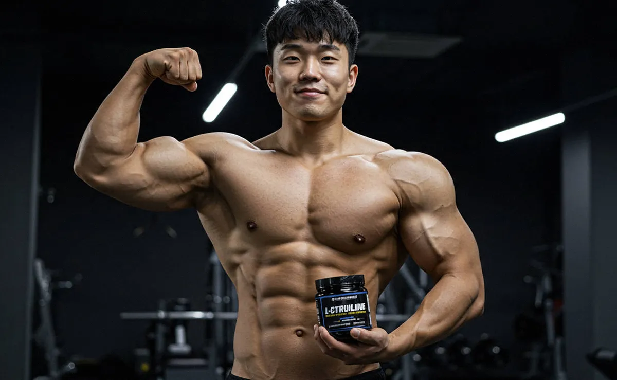 헬스장에서 이두근 포즈를 하며 L-시트룰린 보충제를 들고 있는 남성 보디빌더