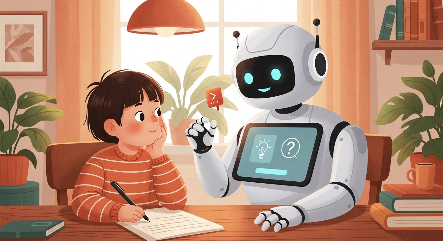 아이와 AI 로봇이 함께 글쓰기 수업을 하는 장면을 묘사한 그림
