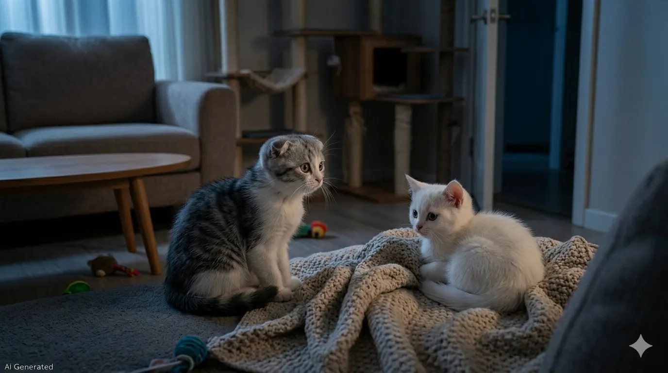 어두운 거실에서 집사를 기다리며 분리불안 증세를 보이는 회색 무늬 스코티쉬폴드와 하얀색 먼치킨 고양이