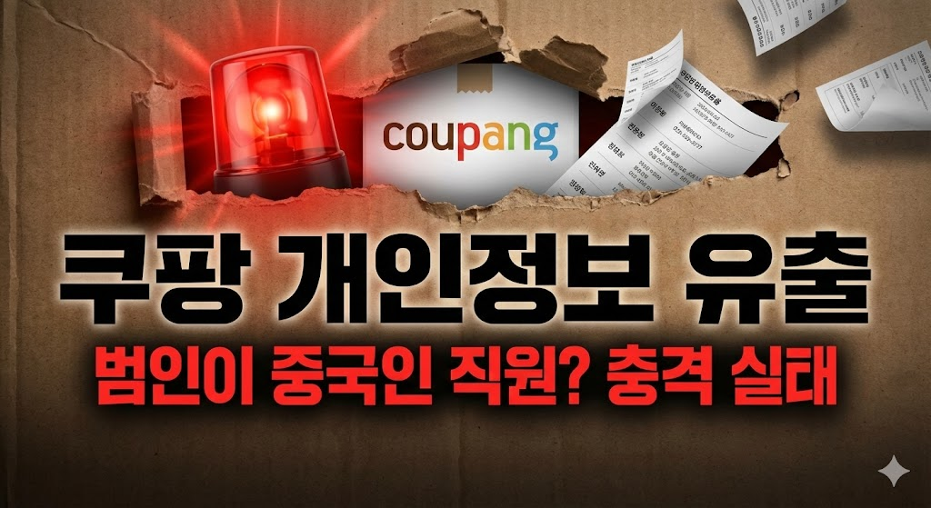 찢어진 택배 박스와 붉은색 경고등 효과를 배경으로, "쿠팡 개인정보 유출"이라는 강력한 메인 카피와 "범인이 중국인 직원? 충격 실태"라는 서브 카피를 강조하여 클릭을 유도하는 썸네일입니다.