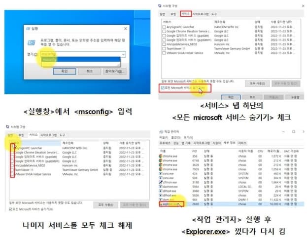 작업표시줄 아이콘 사라짐 해결방법(3) 순서 이미지